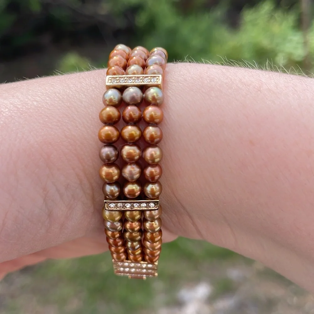 Gold Tone Three Strand Bracelet with Cultured Pearls and Rhinestones